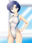  bishoujo_senshi_sailor_moon blue_eyes blue_hair breasts competition_swimsuit covered_nipples hand_on_hip highres medium_breasts mizuno_ami one-piece_swimsuit parted_lips samejima_minoru see-through shirt short_hair solo swimsuit taut_clothes taut_shirt 