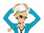  akira_agarkar_yamada bad_id bad_pixiv_id bird brown_hair duck face green_eyes male_focus mameko necktie school_uniform smile solo tapioka tsuritama turban white_background 