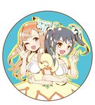  :d ;d black_hair brown_eyes brown_hair dress flower hair_flower hair_ornament hairband idolmaster idolmaster_cinderella_girls locked_arms long_hair mizumoto_yukari multiple_girls nakano_yuka one_eye_closed open_mouth smile toufuu twintails v 