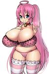  ahoge alternate_hairstyle bad_id bad_pixiv_id bell bell_collar blue_eyes bra breasts cleavage collar frills gigantic_breasts long_hair magister_(medical_whiskey) original panties pink_bra pink_hair pink_legwear pink_panties plump polka_dot polka_dot_bra polka_dot_panties sakuraba_himari skindentation smile solo striped striped_legwear thighhighs twintails underwear underwear_only v very_long_hair 