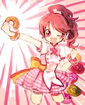  ;d bad_id bad_pixiv_id bow brown_hair doughnut dress earrings food idolmaster idolmaster_cinderella_girls jewelry natsumi_(natumi06) one_eye_closed open_mouth pink_eyes plaid ponytail shiina_noriko smile solo thumbs_up wrist_cuffs 