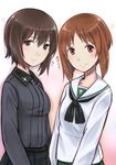  bad_id bad_pixiv_id blush breasts brown_eyes brown_hair girls_und_panzer kuromorimine_school_uniform medium_breasts military military_uniform multiple_girls nishizumi_maho nishizumi_miho ooarai_school_uniform school_uniform serafuku short_hair siblings sisters skirt smile umasanjin uniform 