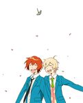  ahoge bad_id bad_pixiv_id blonde_hair blush closed_eyes flower happy haru_(tsuritama) male_focus mameko multiple_boys necktie open_mouth petals sanada_yuki school_uniform teeth tsuritama white_background 