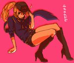  ahoge artoria_pendragon_(all) baseball_cap boots buchobucho fate/stay_night fate_(series) full_body hat mysterious_heroine_x pink_background ponytail rojiura_satsuki:_chapter_heroine_sanctuary scarf shorts simple_background sketch solo 