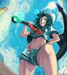  anchor ass_visible_through_thighs azuki_(azuki-taste) bare_arms bare_legs black_hair blue_sky cloud crop_top crop_top_overhang cropped_shirt day fisheye foreshortening from_below green_eyes grin hat highres lens_flare looking_at_viewer looking_down midriff murasa_minamitsu navel open_clothes open_fly open_shorts outdoors sailor sailor_hat shirt short_hair short_shorts short_sleeves shorts sky smile solo standing stomach sun touhou unbuttoned unzipped 
