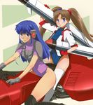  blue_eyes blue_hair brown_hair burning_force crossover hover_bike leotard long_hair maabou missile multiple_girls multiple_riders numan_athletics pink_leotard riding science_fiction sharon_les_halles tengenji_hiromi thighhighs twintails x_theater 