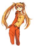  blue_eyes bodysuit highres long_hair morosue multicolored multicolored_bodysuit multicolored_clothes neon_genesis_evangelion orange_bodysuit orange_hair plugsuit rebuild_of_evangelion red_bodysuit shikinami_asuka_langley souryuu_asuka_langley test_plugsuit twintails 