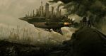  absurd_res artwork brown_theme city cityscape detailed detailed_background factory female fire garbage hd hi_res human inquination male mammal not_furry original rhysgriffiths smog smoke steampunk vehicle wallpaper 