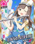  ;d aiguillette brown_eyes brown_hair card_(medium) card_parody character_name cinderella_girls_card_parody flower flower_(symbol) flute hat idolmaster idolmaster_cinderella_girls instrument long_hair mizumoto_yukari one_eye_closed open_mouth skirt smile solo toufuu 