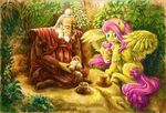  blue_eyes crossover cup cutie_mark duo equine eyes_closed feathers female feral fluttershy_(mlp) food friendship_is_magic fur hair horse human iroh long_hair male mammal muffin my_little_pony nature neutral-demon outside pegasus pink_hair plants pony sitting smile tea wings yellow_fur 