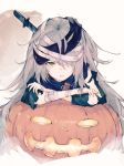  1girl bandage bandage_over_one_eye bandaged_arm bandaged_head bandages blue_scarf commentary crossed_arms g11_(girls_frontline) girls_frontline grey_hair hair_between_eyes halloween kashii_(amoranorem) knife knife_in_head looking_at_viewer messy_hair open_mouth pumpkin scarf solo torn_clothes yellow_eyes 