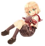  blonde_hair blue_eyes chaba_(hortensia) ensemble_girls! hug kimisaki_school_uniform kinoshita_yuyu open_mouth short_hair sitting skirt socks solo stuffed_animal stuffed_goat stuffed_toy 