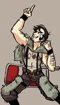  arm_hair banned_artist beowulf_(skullgirls) black_hair cape chair dani_grew facial_hair folding_chair male_focus manly pelt pointing pointing_up shirtless sideburns skullgirls solo stubble suspenders the_hurting wristband 
