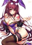  1girl amethyst animal_ears arm_support ass bangs bare_shoulders bed black_legwear blurry blush bokeh breasts bunny_ears bunny_tail bunnysuit cleavage closed_mouth commentary_request cup depth_of_field earrings eyebrows_visible_through_hair fake_animal_ears fate/grand_order fate_(series) garter_straps glitter gold hair_between_eyes high_heels highres holding holding_cup jewelry large_breasts leg_garter long_hair looking_at_viewer nail_polish navel o-ring pink_lips pink_nails purple_hair reclining red_eyes revealing_clothes sakiyamama scathach_(fate)_(all) scathach_(fate/grand_order) sidelocks signature simple_background skindentation smile solo stomach tail tattoo thighhighs tsurime very_long_hair white_background 