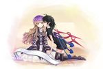  asymmetrical_wings bad_id bad_pixiv_id black_hair black_legwear blonde_hair blush cheek_kiss closed_eyes dress gradient_hair hijiri_byakuren houjuu_nue kiss long_hair moss_(sphere211) multicolored_hair multiple_girls pointy_ears purple_hair scroll thighhighs touhou wings yellow_eyes yuri 