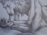  canine difference duo gay human human_on_anthro interspecies lying male mammal missionary_position on_back sex sinistervibe size size_difference were werewolf 