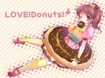  bad_id bad_pixiv_id biting blush bracelet brown_eyes brown_hair diagonal-striped_background diagonal_stripes doughnut dress eating food full_body halftone highres idolmaster idolmaster_cinderella_girls jewelry long_hair morita_gurutamin one_eye_closed pastel_colors ponytail shiina_noriko smile solo striped striped_background thighhighs yellow_legwear 