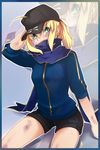  ahoge artoria_pendragon_(all) baseball_cap blonde_hair bruise fate/stay_night fate_(series) green_eyes hat injury jacket mysterious_heroine_x ponytail rojiura_satsuki:_chapter_heroine_sanctuary short_shorts shorts sitting solo track_jacket tusia zoom_layer 