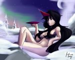  2012 aurora black_hair breasts crescent_moon crossed_legs cup dated hair_censor horn konngara leaning_back long_hair lying medium_breasts moon night night_sky nude onsen radlionheart red_eyes sakazuki signature sky snow solo touhou touhou_(pc-98) 