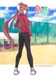  1girl alternate_costume black_legwear brown_hair doki_doki_literature_club eyebrows_visible_through_hair eyes_visible_through_hair from_behind full_body green_eyes hair_ribbon leggings logo_parody long_hair long_sleeves looking_at_viewer looking_back midair_(rkgkefr) monika_(doki_doki_literature_club) outline ponytail ribbon sidelocks smile solo standing very_long_hair white_outline white_ribbon 