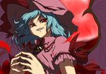 arm_ribbon bat_wings blue_hair brooch dress fangs fingers_together grin hat hat_ribbon hiseki_(tknkkm) jewelry looking_at_viewer pink_dress puffy_sleeves red_eyes remilia_scarlet ribbon short_sleeves slit_pupils smile solo touhou upper_body vampire wings 