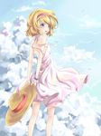  absurdres alice_margatroid backless_dress backless_outfit bad_id bad_pixiv_id bird blonde_hair blue_eyes cloud day dress from_behind hairband hat highres looking_back open_mouth ribbon short_hair solo sun_hat sundress touhou transistor 