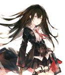  1girl bangs black_hair coat collared_shirt commentary corset dual_wielding girls_frontline gun hair_between_eyes handgun highres holding holding_gun holding_weapon holster kashii_(amoranorem) long_hair looking_at_viewer necktie nz_75 nz_75_(girls_frontline) open_mouth pistol pleated_skirt red_neckwear shirt simple_background skirt solo thigh_holster thigh_strap trench_coat weapon white_background wind yellow_eyes 