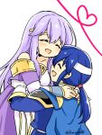  1boy 1girl blue_cape blue_hair brother_and_sister cape circlet closed_eyes dress fire_emblem fire_emblem:_genealogy_of_the_holy_war headband holding hug julia_(fire_emblem) lifting_person long_hair open_mouth ponytail purple_hair seliph_(fire_emblem) siblings simple_background white_headband yukia_(firstaid0) 