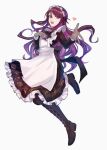  1girl aoki_shizumi apron black_dress black_footwear boots dress floral_print_dress full_body gundou_mirei hand_on_own_chest heart looking_at_viewer maid maid_apron maid_headdress nijisanji outstretched_arms purple_eyes purple_hair solo virtual_youtuber white_apron 
