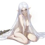  1girl arms_between_legs breasts closed_mouth completely_nude elf feet frieren green_eyes hair_censor long_hair looking_at_viewer medium_breasts nude parted_bangs pointy_ears simple_background sitting solo sousou_no_frieren straight_hair thighs timruya very_long_hair wariza white_background 