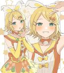  1girl blonde_hair border bow detached_sleeves dress frilled_shirt frills green_eyes grin hair_bow hands_up highres kagamine_rin looking_at_viewer multiple_views orange_dress project_sekai sailor_collar seijyohu shirt short_hair smile star_(symbol) v vocaloid white_border white_bow yellow_sailor_collar 