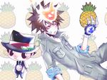  :3 bad_id bad_pixiv_id bandaid black_eyes black_hair bodysuit brown_hair chameleon food formal fruit gloves hat holding holding_food holding_fruit jumpsuit katekyo_hitman_reborn! leon_(katekyo_hitman_reborn!) lizard male_focus necktie pineapple pink_eyes reborn sawada_tsunayoshi sleeves_rolled_up smile spiked_hair suit teen123 