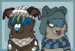 2013 aliasing ambiguous_gender beanie blue_background blue_hair blue_markings blue_nose blue_spots bluekyokitty border_collie brown_body brown_fur brown_nose bust_portrait button_ears canid canine canis checkered_clothing checkered_scarf clothed clothed_feral clothing collie digital_drawing_(artwork) digital_media_(artwork) domestic_dog duo ear_piercing eyewear facial_piercing female_(lore) feral feral_with_hair flat_colors floppy_ears fur furgonomic_hat furgonomics gauged_ear glasses grey_beanie grey_clothing grey_hat grey_headwear grey_scarf hair hair_over_eye hair_over_eyes hat headgear headwear herding_dog lip_piercing lip_ring low_res male_(lore) mammal markings nose_piercing nose_ring one_eye_obstructed opaque_glasses pastoral_dog pattern_clothing pattern_scarf piercing portrait ring_piercing scarf schadenfreude_(sebdoggo) sebdoggo sheepdog simple_background smile snakebite_piercing snout spots spotted_body spotted_fur striped_clothing striped_scarf stripes wearing_glasses white_markings white_spots