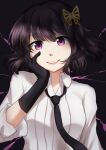  1girl black_gloves black_hair bungou_stray_dogs butterfly_hair_ornament gloves hair_ornament hand_on_own_face necktie purple_eyes rktsm simple_background smile yosano_akiko 