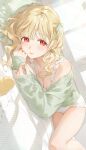  1girl absurdres blonde_hair blush bow breasts cardigan cleavage collarbone crossed_bangs curly_hair green_bow green_cardigan hair_bow highres kinako_(shiratama_mochi) kogara_toto lips long_hair looking_at_viewer lupinus_virtual_games lying off_shoulder on_bed on_side one-piece_swimsuit red_eyes rubber_duck sleeves_past_wrists solo swimsuit virtual_youtuber vspo! white_swimsuit window 