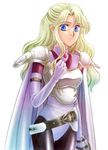  arm_at_side belt black_legwear blonde_hair blue_eyes breastplate brooch cape clenched_hand closed_mouth cowboy_shot elbow_gloves final_fantasy final_fantasy_iv gloves half_updo hand_up jewelry leotard long_hair looking_at_viewer pantyhose pauldrons rosa_farrell smile solo soranokaze15 thigh_gap turtleneck wavy_hair white_cape white_gloves white_legwear white_leotard 