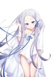  1girl absurdres blue_eyes blue_ribbon closed_mouth collarbone colored_eyelashes commentary_request dress floating_hair forehead grey_hair hair_ribbon hand_in_own_hair highres long_hair looking_at_viewer naked_poncho off_shoulder pandora_(re:zero) parted_bangs re:zero_kara_hajimeru_isekai_seikatsu ribbon ribbon-trimmed_clothes ribbon-trimmed_dress ribbon-trimmed_shirt ribbon_trim simple_background smile solo standing user_sxaf8777 very_long_hair white_background white_dress wind 
