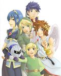  armor artist_request blonde_hair blue_eyes blue_hair brown_hair cape fire_emblem fire_emblem:_monshou_no_nazo fire_emblem:_souen_no_kiseki gloves green_eyes hairband headband kid_icarus kirby_(series) link marth mask meta_knight multiple_boys pit_(kid_icarus) pointy_ears smile super_smash_bros. the_legend_of_zelda tiara toon_link wings 