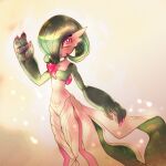  1girl animal_hands asellus_(pixiv_2477842) aura blush bob_cut breasts bright_pupils claws colored_skin commentary dutch_angle english_commentary gardevoir green_hair green_skin hair_over_one_eye hand_up happy highres multicolored_skin one_eye_covered open_mouth pawpads pokemon pokemon_(creature) red_eyes red_nails short_hair small_breasts smile solo sparkle standing star_(symbol) transparent two-tone_skin waving white_pupils white_skin yellow_background 