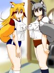  2girls a_(t_asura) absurdres alternate_costume animal_ear_fluff animal_ears black_socks blonde_hair blue_buruma blurry blurry_background breasts brown_eyes buruma depth_of_field extra_ears ezo_red_fox_(kemono_friends) fox_ears fox_girl fox_tail grey_eyes grey_hair gym_shirt gym_uniform highres kemono_friends large_breasts long_hair looking_at_viewer midriff_peek multicolored_hair multiple_girls name_tag raglan_sleeves red_buruma shirt silver_fox_(kemono_friends) socks standing tail white_shirt white_socks 