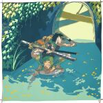  2boys backpack bag barefoot blue_shorts earrings green_hair highres holding holding_sword holding_weapon jewelry living_(nsiring) monkey_d._luffy multiple_boys on_shoulder one_piece partially_submerged person_on_shoulder plant red_vest riding river roronoa_zoro shirt shorts sword vest vines water weapon white_shirt wristband 