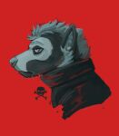 anthro black_body black_fur bone bone_markings bone_pattern ear_piercing fur gauged_ear havoc_the_hyena headshot_portrait hi_res hyena male mammal mask piercing portrait profile red_background shoulders_up simple_background skull skull_head skull_mask solo solo_focus spotted_hyena xeyedmutt