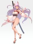  1girl :d absurdres animal_ears bare_shoulders blush bow breasts detached_sleeves fox_ears fox_girl full_body heart highres indie_virtual_youtuber japanese_clothes kamishiro_natsume katana kitsune legs long_hair looking_at_viewer medium_breasts ootachi open_mouth over_shoulder purple_hair red_bow red_eyes sandals sheath sheathed simple_background smile solo standing sword sword_behind_back toes virtual_youtuber weapon weapon_over_shoulder white_background wide_sleeves yuuhi_(yuuvi83) zouri 