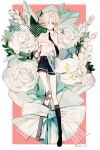  1girl 2018 aqua_jingche artist_name asymmetrical_hair black_footwear black_necktie black_socks blonde_hair blue_shorts bouquet bow bow_legwear buttons chinese_commentary collared_shirt commentary_request floral_background flower full_body hair_over_one_eye high_collar highres kneehighs leaf lily_of_the_valley long_sleeves looking_to_the_side necktie original parted_lips pink_background pink_bow puffy_long_sleeves puffy_sleeves rose see-through_bow shirt shoes short_hair short_shorts shorts socks solo striped striped_bow two-tone_background white_background white_bow white_flower white_rose white_shirt white_sleeves yellow_eyes 
