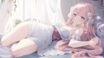  1girl blue_eyes bow breasts cleavage commission dress hair_bow himeno_aimu indie_virtual_youtuber kurage_cc long_hair on_bed pink_hair skeb_commission solo stuffed_animal stuffed_toy teddy_bear very_long_hair virtual_youtuber white_bow white_dress 