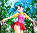  90s artist_request blue_eyes blue_hair earrings from_below jewelry long_hair mahou_no_angel_sweet_mint mint_(sweet_mint) panties pantyshot pink_vest solo star star_earrings twintails underwear vest 