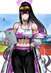  1girl abs absurdres arm_behind_back black_hair blue_archive blue_sky blush choker earphones flower hair_flower hair_ornament highres jacket long_hair muscular muscular_female open_clothes open_jacket pants pink_eyes sky solo stadium_lights sumire_(blue_archive) tight_clothes tight_pants toned track_and_field yotaro 