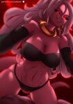 1girl absurdres android_21 black_sclera black_sleeves bracelet breasts choker cleavage colored_sclera colored_skin commentary detached_sleeves dragon_ball dragon_ball_fighterz earrings english_commentary gradient_background hair_between_eyes highres hoop_earrings jewelry large_breasts lips long_hair looking_at_viewer majin_android_21 panties patreon_username pea-bean pink_skin pointy_ears red_background red_eyes ring smile solo underwear white_hair yellow_choker 