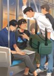  1girl 4boys absurdres bag bandaid bandaid_on_arm black_hair blue_giant blue_shirt brown_pants copyright_name crescent_moon denim duffel_bag eye_contact grey_pants hand_in_pocket highres jeans looking_at_another male_focus miyamoto_dai moon multiple_boys pants paper sawabe_yukinori shirt shoes short_hair shunji_tamada sneakers t-shirt thick_eyebrows train_interior tzpx7253 white_shirt window 