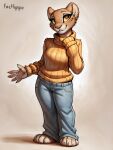  amara anthro bottomwear clothed clothing denim denim_bottomwear denim_clothing fathippo felid female hi_res jeans lion mammal pantherine pants solo yellow 